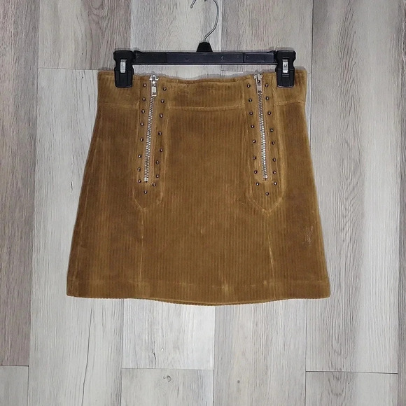 Pol Anthropologie Womens‎ S Corduroy Skirt Dark Tan Zipper Rivet Mini A Line - Picture 1 of 7